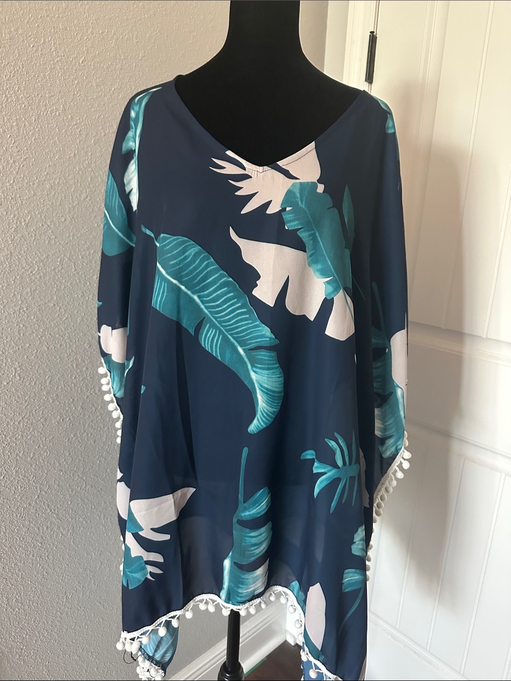 Navy Blue Tropical Leaf Pom-Pom swimsuit coverup